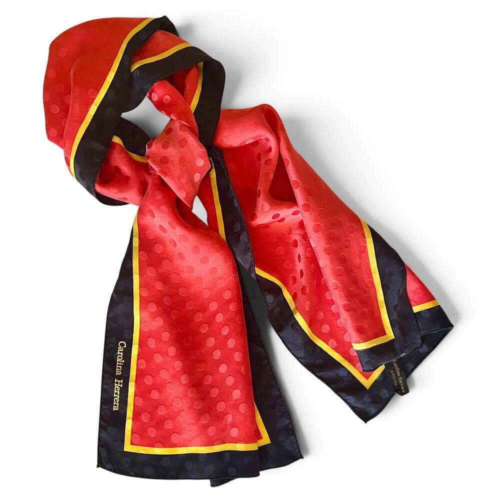 Carolina Herrera Vintage Red Yellow Polka Dot Jacquard Silk Rectangle Long Scarf